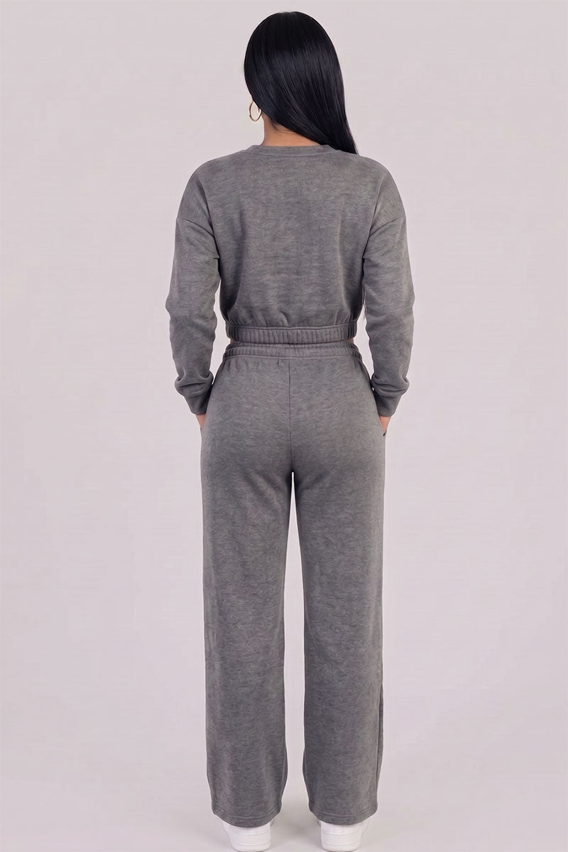 Cropped Long Sleeve Sweatshirt and Wide Leg Pants Lounge Set