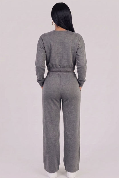 Cropped Long Sleeve Sweatshirt and Wide Leg Pants Lounge Set