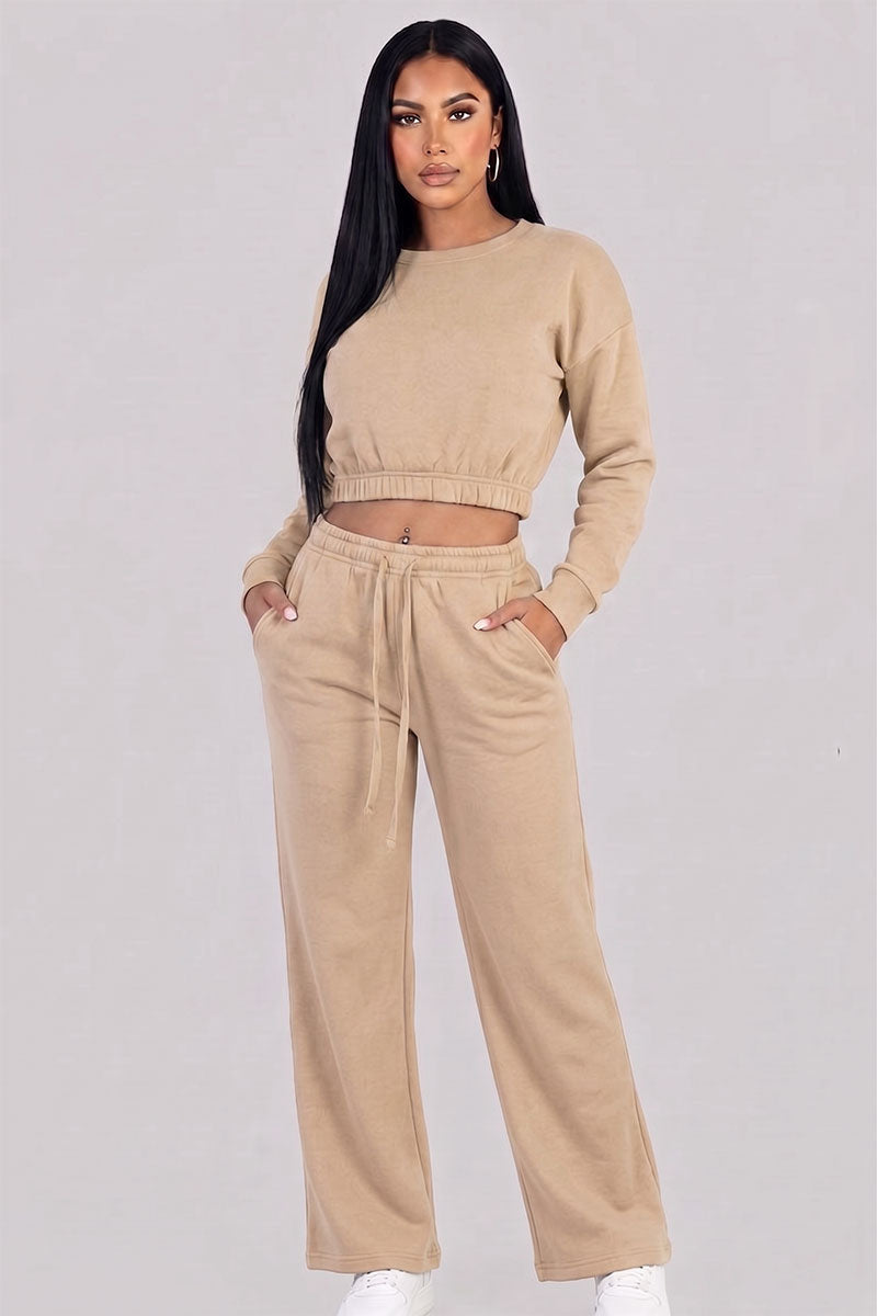 Cropped Long Sleeve Sweatshirt and Wide Leg Pants Lounge Set