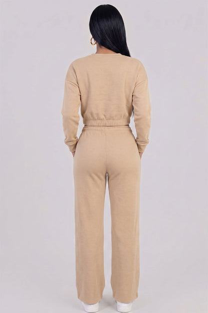 Cropped Long Sleeve Sweatshirt and Wide Leg Pants Lounge Set