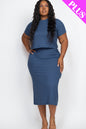 Plus Size Short Sleeve Ribbed Top & Midi Skirt Set - Capella Apparel Wholesale