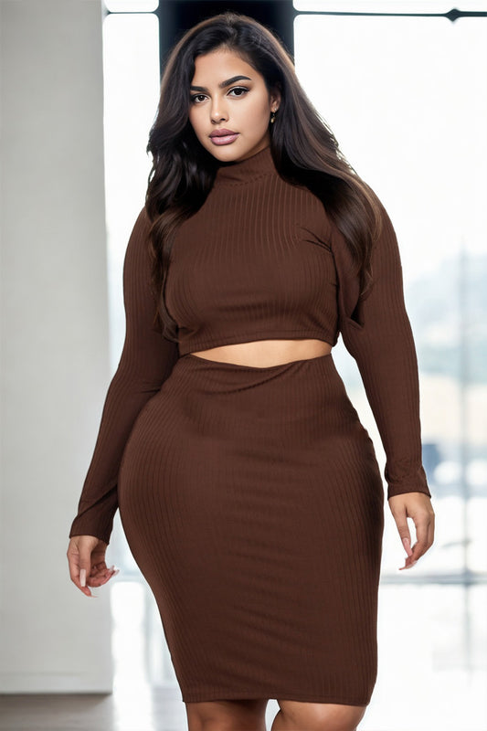 Plus Size Ribbed Mock Neck Crop Top & Midi Skirt Set