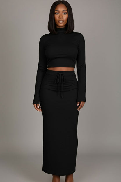 Mock Neck Bell Sleeve Crop Top & Maxi Skirt Set