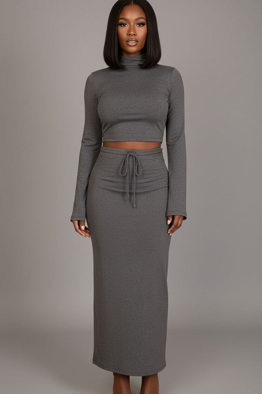 Mock Neck Bell Sleeve Crop Top & Maxi Skirt Set