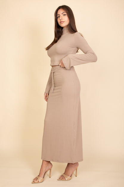 Mock Neck Bell Sleeve Crop Top & Maxi Skirt Set