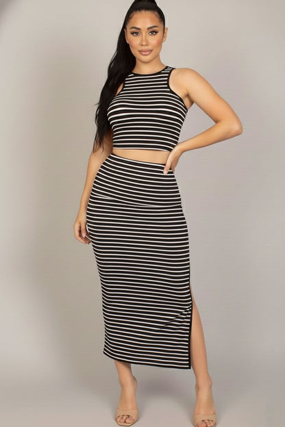 Striped High Neck Crop Top & Side Slit Midi Skirt Set