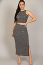 Striped High Neck Crop Top & Side Slit Midi Skirt Set