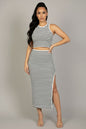 Striped High Neck Crop Top & Side Slit Midi Skirt Set