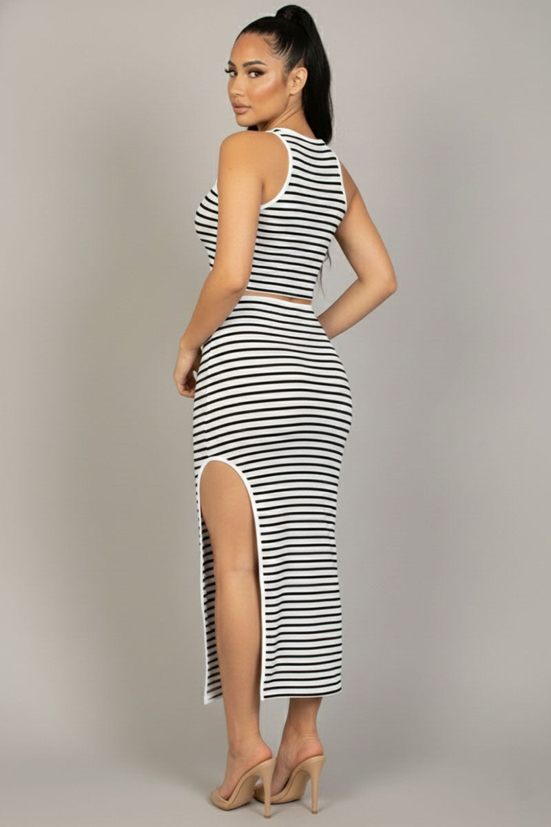 Striped High Neck Crop Top & Side Slit Midi Skirt Set