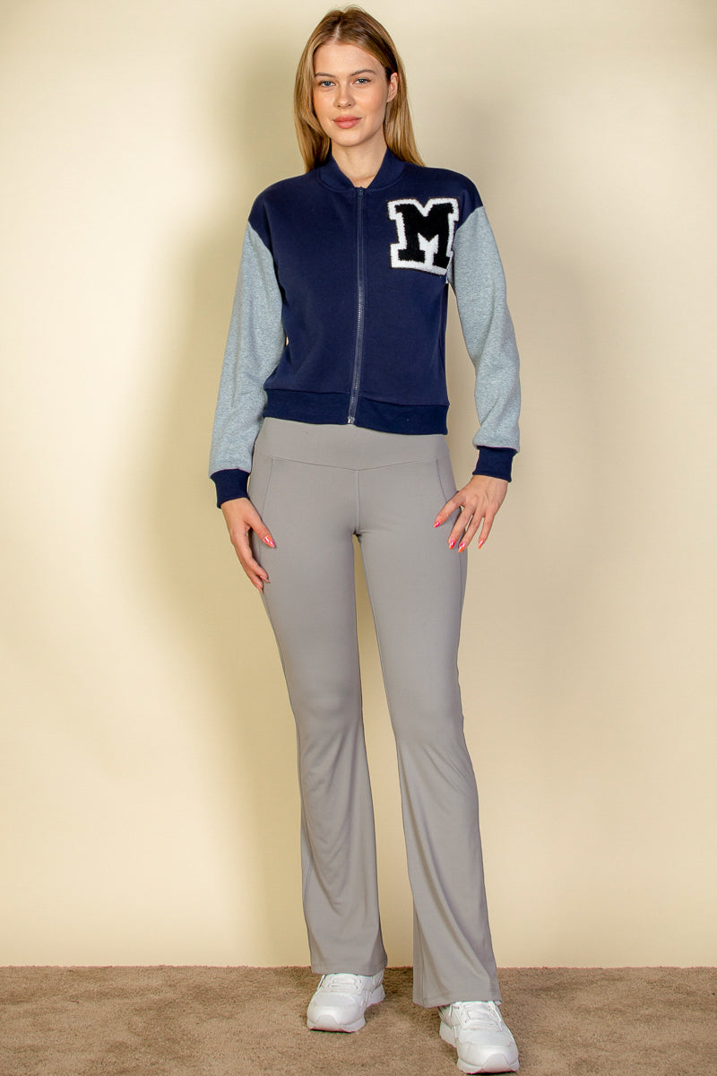 Letter Patched Striped Trim Varsity Jacket - Capella Apparel