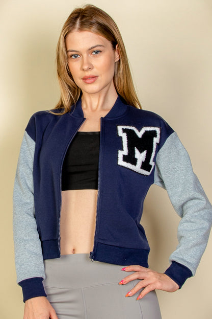 Letter Patched Striped Trim Varsity Jacket - Capella Apparel