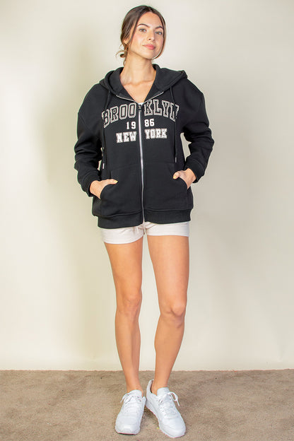 Graphic Drop Shoulder Zipper Up Hoodie - Capella Apparel