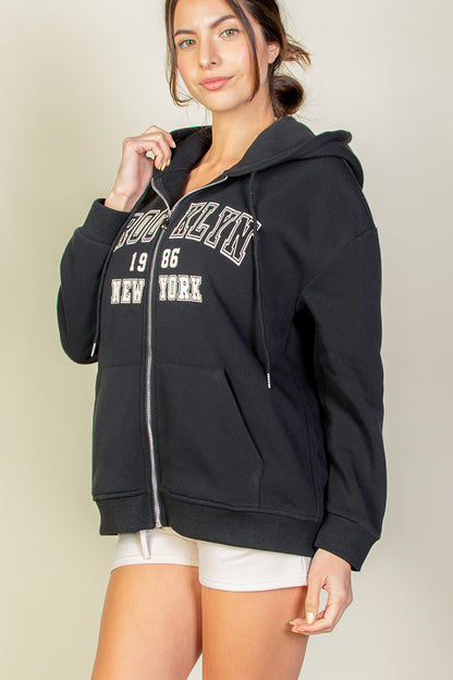 Graphic Drop Shoulder Zipper Up Hoodie - Capella Apparel