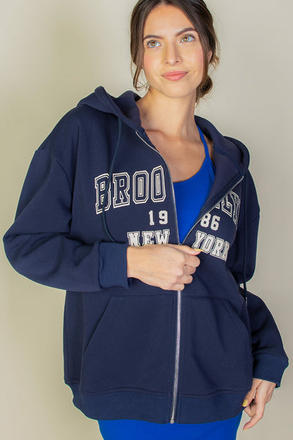 Graphic Drop Shoulder Zipper Up Hoodie - Capella Apparel