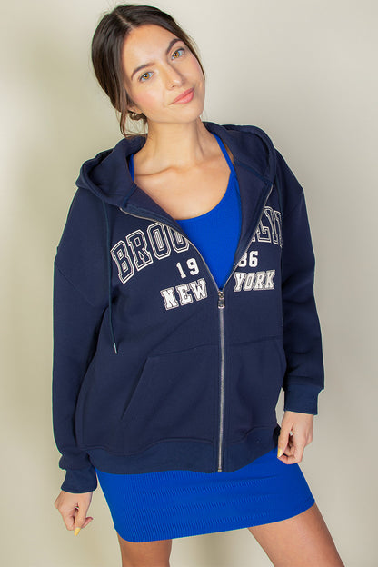 Graphic Drop Shoulder Zipper Up Hoodie - Capella Apparel