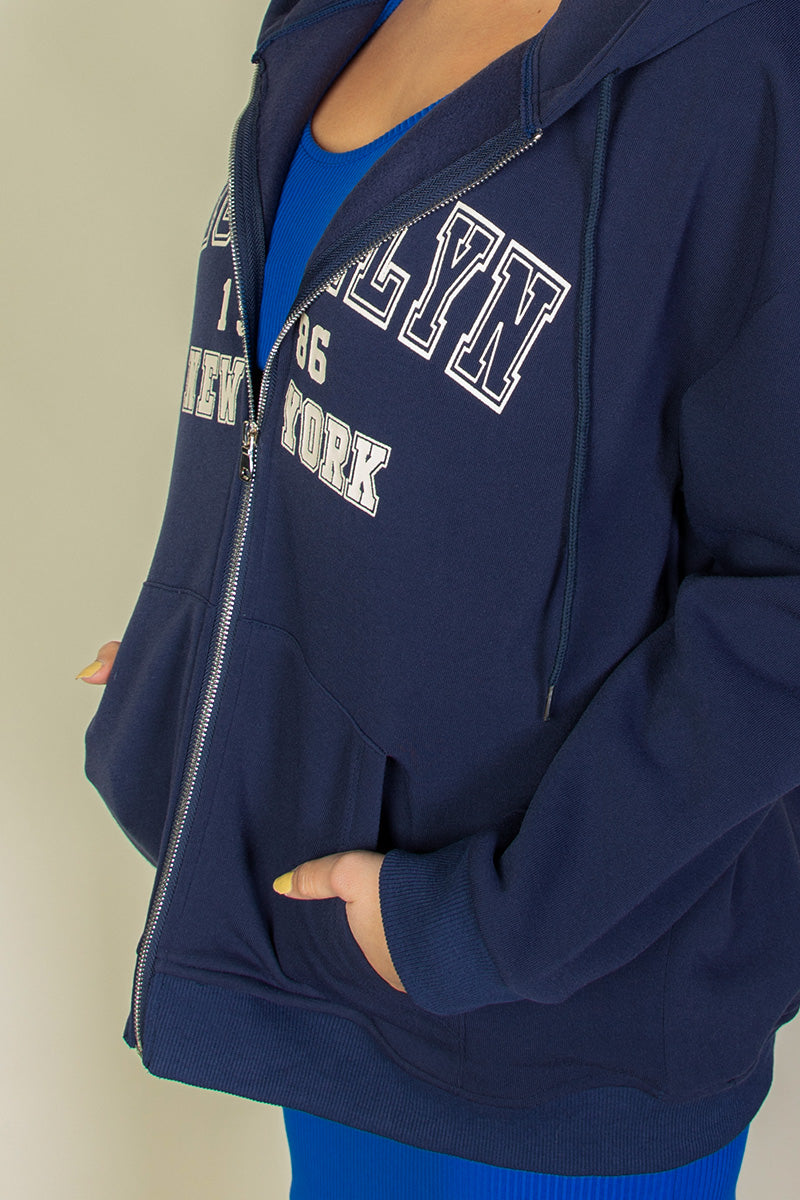 Graphic Drop Shoulder Zipper Up Hoodie - Capella Apparel