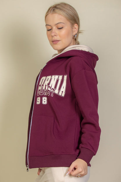 Graphic Drop Shoulder Zipper Up Hoodie - Capella Apparel