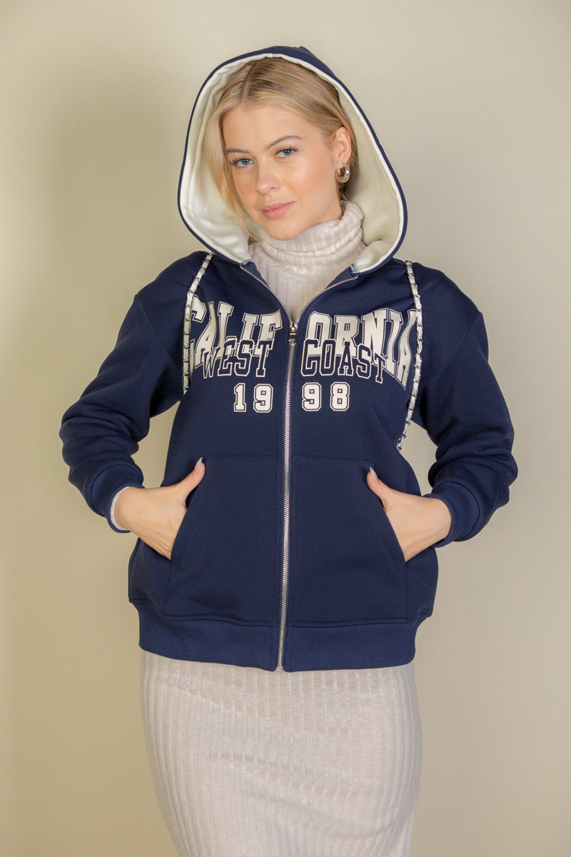 Graphic Drop Shoulder Zipper Up Hoodie - Capella Apparel