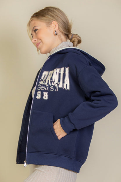 Graphic Drop Shoulder Zipper Up Hoodie - Capella Apparel