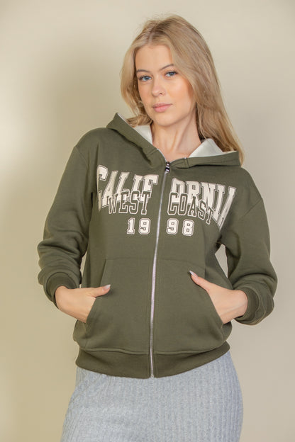 Graphic Drop Shoulder Zipper Up Hoodie - Capella Apparel