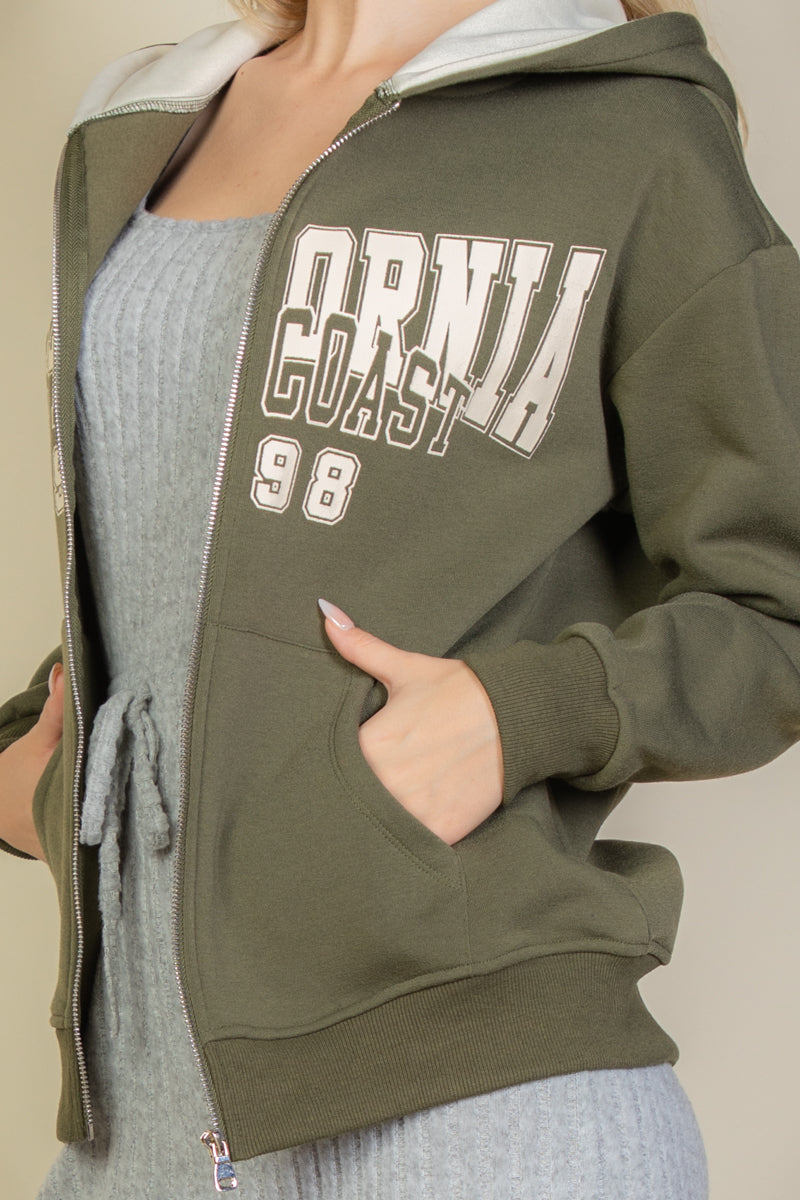 Graphic Drop Shoulder Zipper Up Hoodie - Capella Apparel