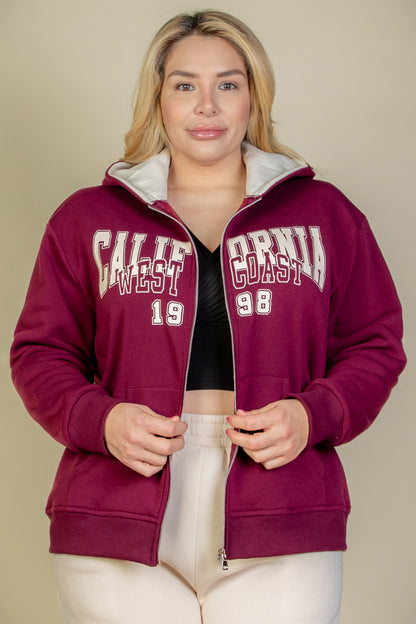 Plus Graphic Drop Shoulder Zipper Up Hoodie - Capella Apparel