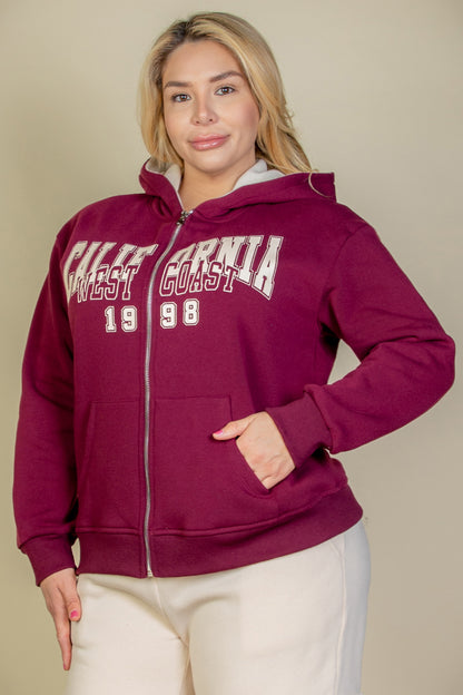 Plus Graphic Drop Shoulder Zipper Up Hoodie - Capella Apparel