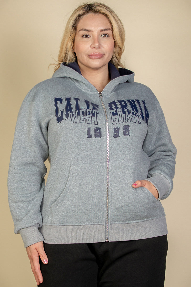 Plus Graphic Drop Shoulder Zipper Up Hoodie - Capella Apparel