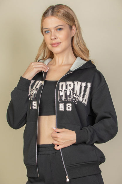 Graphic Drop Shoulder Zipper Up Hoodie - Capella Apparel