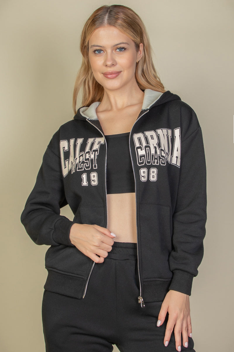 Graphic Drop Shoulder Zipper Up Hoodie - Capella Apparel