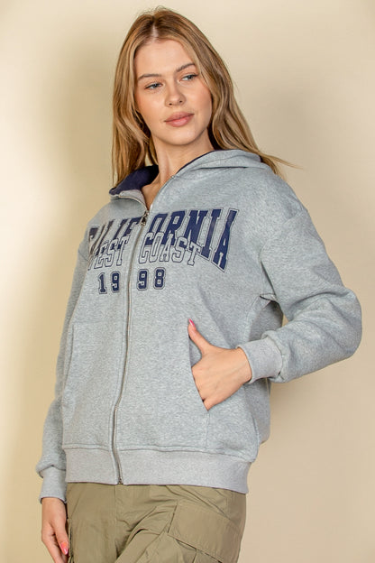 Graphic Drop Shoulder Zipper Up Hoodie - Capella Apparel