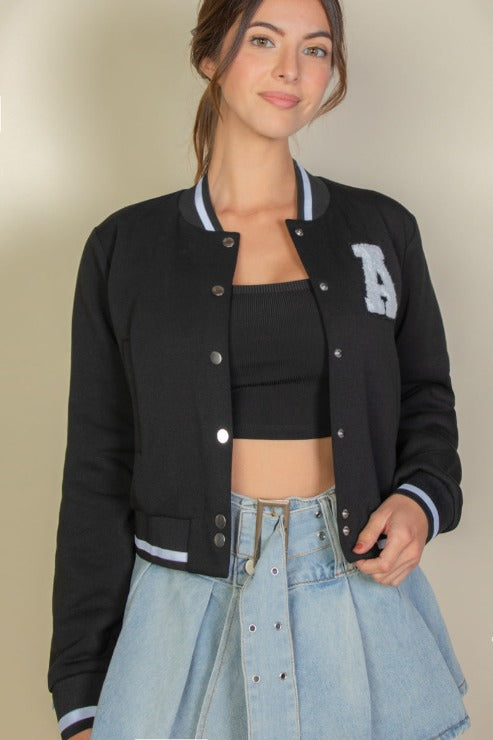 EZwear Letter Patched Crop Varsity Jacket - Capella Apparel