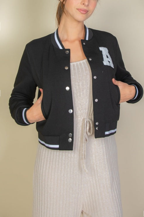 EZwear Letter Patched Crop Varsity Jacket - Capella Apparel