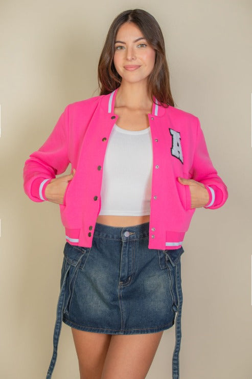 EZwear Letter Patched Crop Varsity Jacket - Capella Apparel