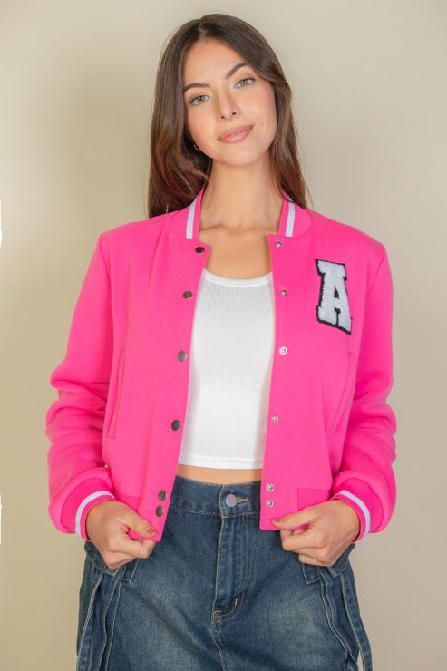 EZwear Letter Patched Crop Varsity Jacket - Capella Apparel