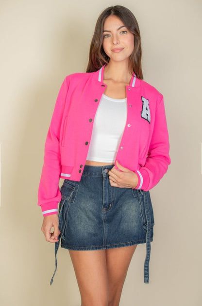 EZwear Letter Patched Crop Varsity Jacket - Capella Apparel