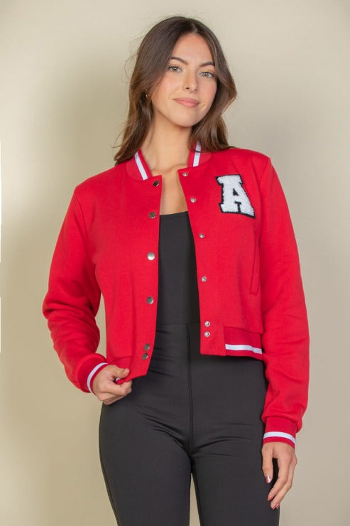 EZwear Letter Patched Crop Varsity Jacket - Capella Apparel