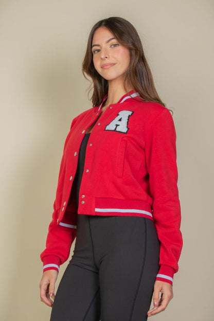 EZwear Letter Patched Crop Varsity Jacket - Capella Apparel