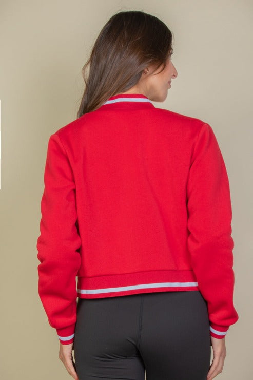 EZwear Letter Patched Crop Varsity Jacket - Capella Apparel