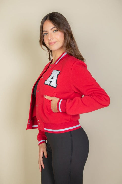 EZwear Letter Patched Crop Varsity Jacket - Capella Apparel