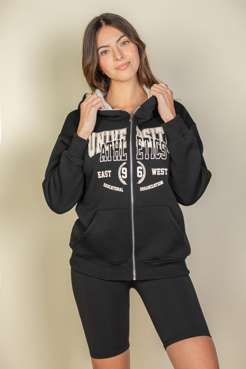 Graphic Drop Shoulder Zipper Up Hoodie - Capella Apparel