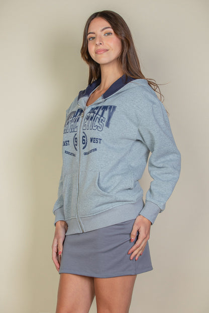 Graphic Drop Shoulder Zipper Up Hoodie - Capella Apparel