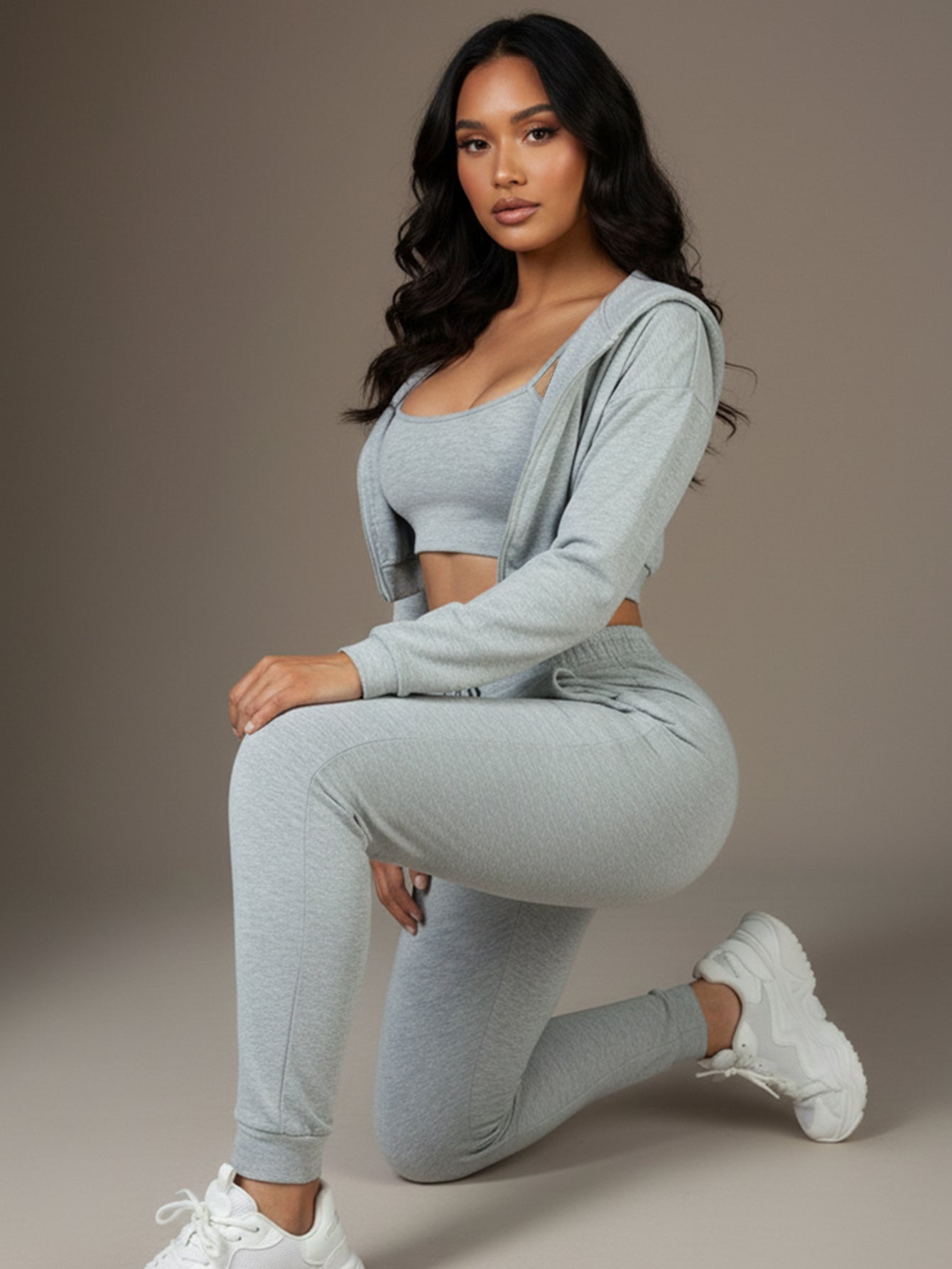 French Terry Cropped Cami with Zip-up Jacket and Joggers Set