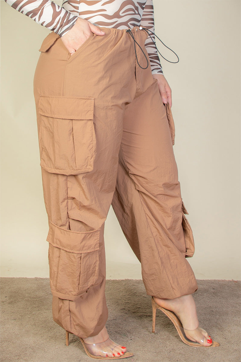 Plus Size Flap Pockets Drawstring Ruched Parachute Pants (CAPELLA) - Capella Apparel