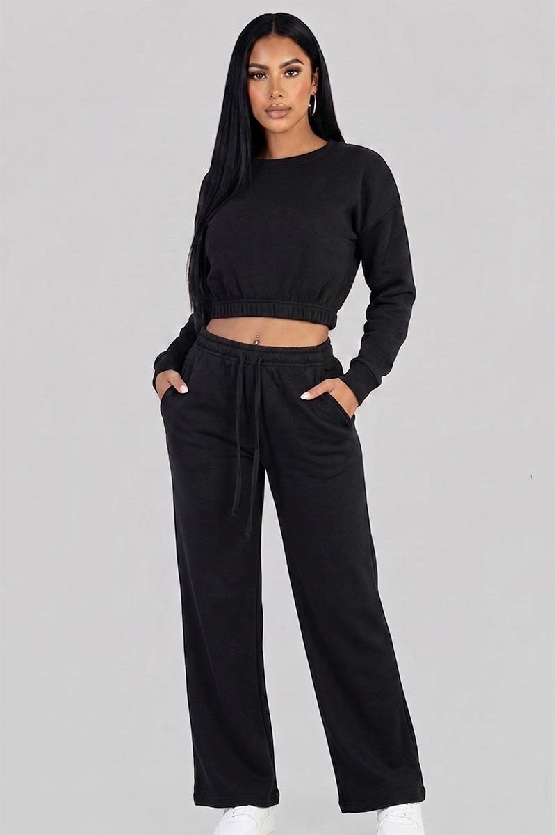 Cropped Long Sleeve Sweatshirt and Wide Leg Pants Lounge Set