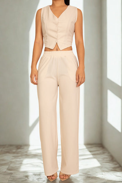 Tailored Button Vest with Adjustable Back Tie & Wide Leg Pants Set