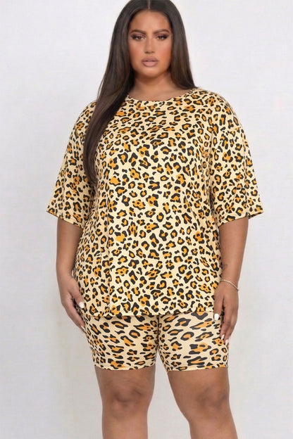 Plus Size Leopard Print Loose Fit Top & Biker Shorts Set