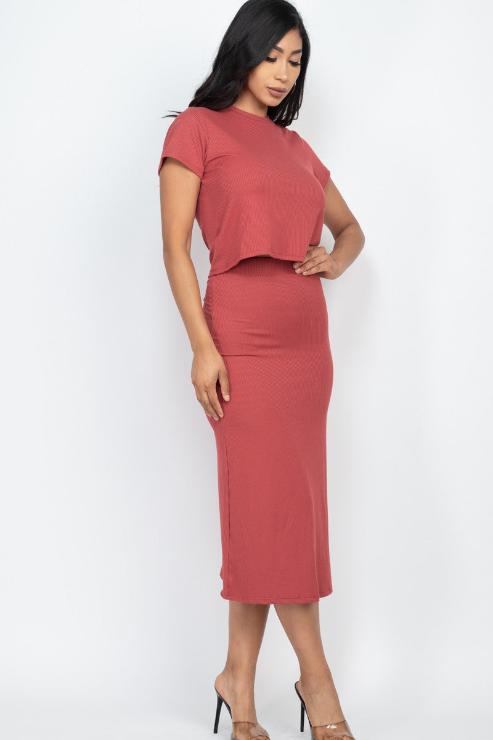 Short Sleeve Ribbed Top & Midi Skirt Set - Capella Apparel Wholesale