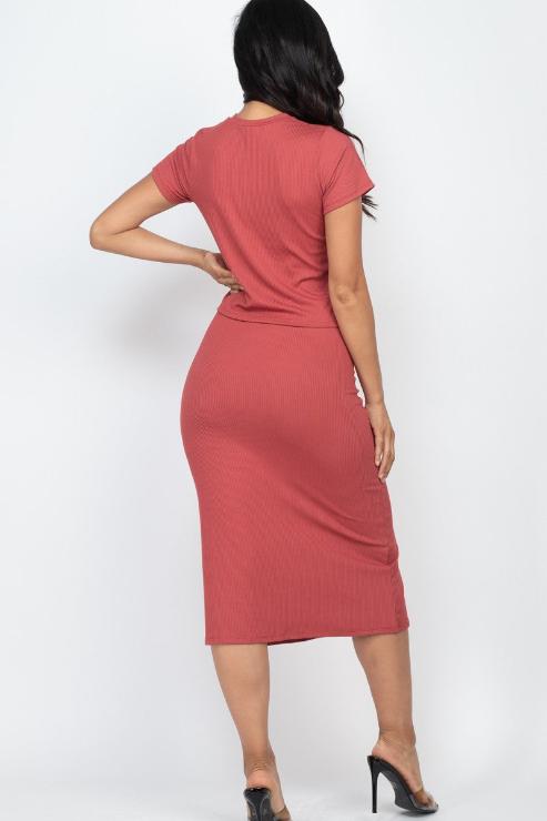 Short Sleeve Ribbed Top & Midi Skirt Set - Capella Apparel Wholesale