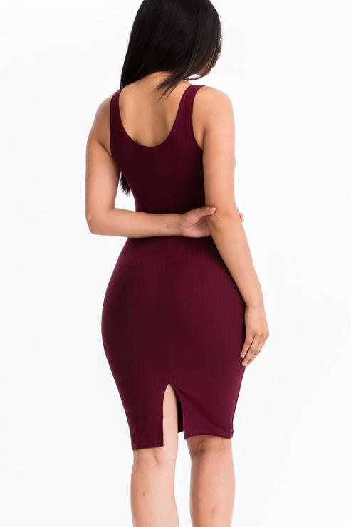 Ribbed Back Slit Bodycon Midi Dress - Wholesale Capella Apparel